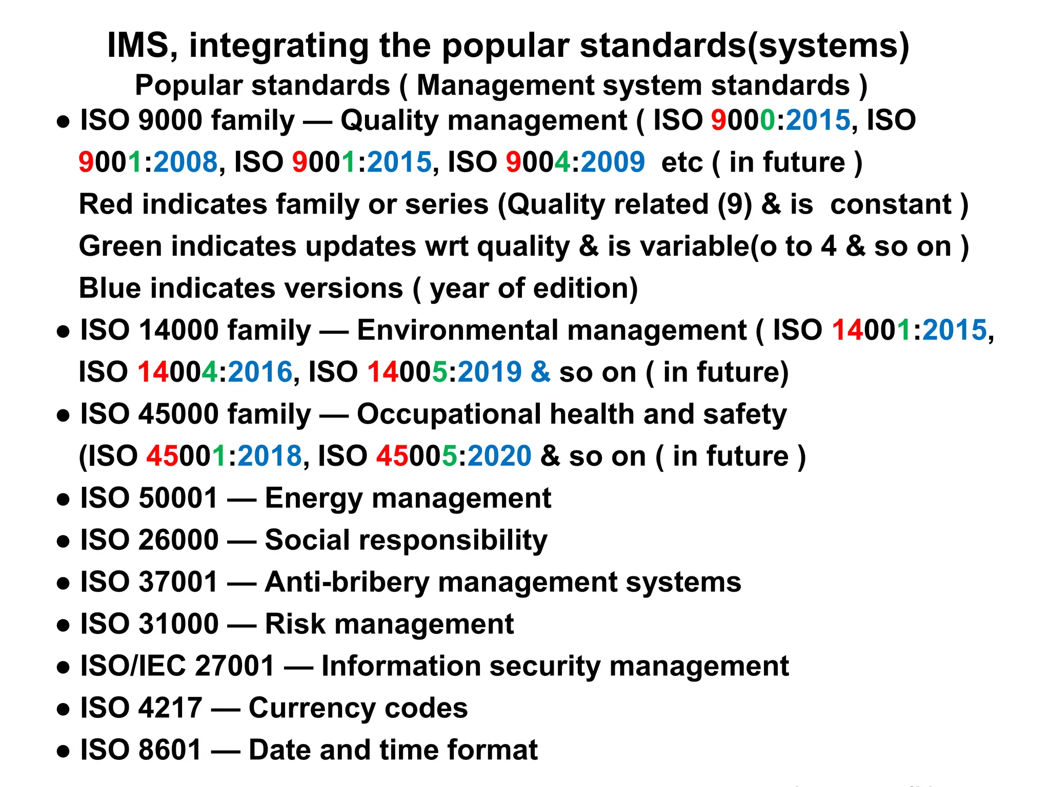 IMS, integrating the popular standards(systems)
Popular standards ( Management system standards )
● ISO 9000 family — Quality management ( ISO 9000:2015, ISO
9001:2008, ISO 9001:2015, ISO 9004:2009 etc ( in future )
Red indicates family or series (Quality related (9) & is constant )
Green indicates updates wrt quality & is variable(o to 4 & so on )
Blue indicates versions ( year of edition)
● ISO 14000 family — Environmental management ( ISO 14001:2015,
ISO 14004:2016, ISO 14005:2019 & so on ( in future)
● ISO 45000 family — Occupational health and safety
(ISO 45001:2018, ISO 45005:2020 & so on ( in future )
● ISO 50001 — Energy management
● ISO 26000 — Social responsibility
● ISO 37001 — Anti-bribery management systems
● ISO 31000 — Risk management
● ISO/IEC 27001 — Information security management
● ISO 4217 — Currency codes
● ISO 8601 — Date and time format
 