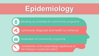 Epidemiology
deciding on priorities for community programs
community diagnosis and health surveillance
evaluation of community programs
consideration of the epidemiologic significance of
the findings in a particular patient
 