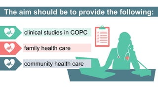 clinical studies in COPC
community health care
family health care
The aim should be to provide the following:
 