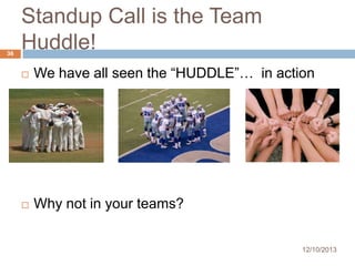 36

Standup Call is the Team
Huddle!


We have all seen the “HUDDLE”… in action



Why not in your teams?

12/10/2013

 