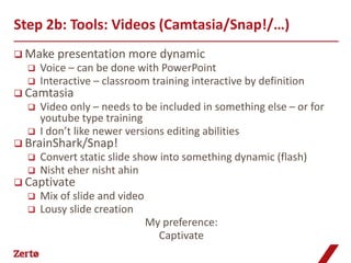 Step 2b: Tools: Videos (Camtasia/Snap!/…)
 Make presentation more         dynamic
     Voice – can be done with PowerPoint
     Interactive – classroom training interactive by definition
 Camtasia
     Video only – needs to be included in something else – or for
      youtube type training
     I don’t like newer versions editing abilities
 BrainShark/Snap!
     Convert static slide show into something dynamic (flash)
     Nisht eher nisht ahin
 Captivate
     Mix of slide and video
     Lousy slide creation
                               My preference:
                                 Captivate
 