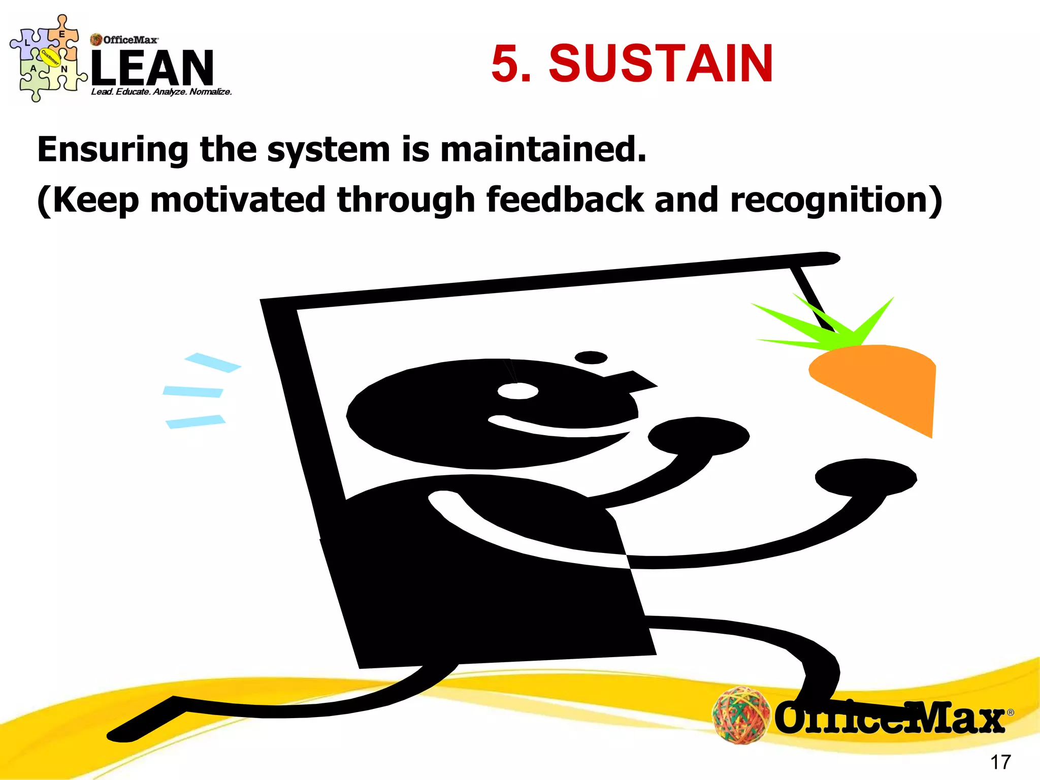 5. SUSTAIN Ensuring the system is maintained. (Keep motivated through feedback and recognition) 