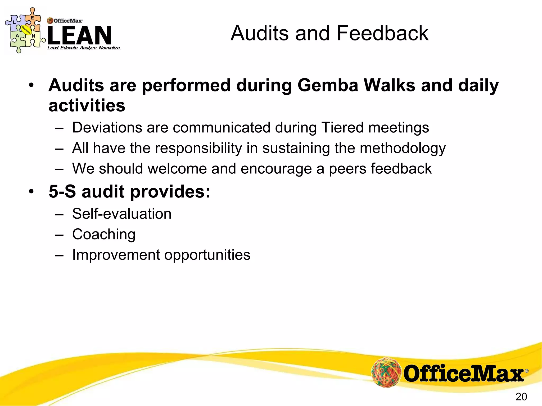 Audits and Feedback Audits are performed during Gemba Walks and daily activities Deviations are communicated during Tiered meetings All have the responsibility in sustaining the methodology We should welcome and encourage a peers feedback 5-S audit provides: Self-evaluation Coaching Improvement opportunities 