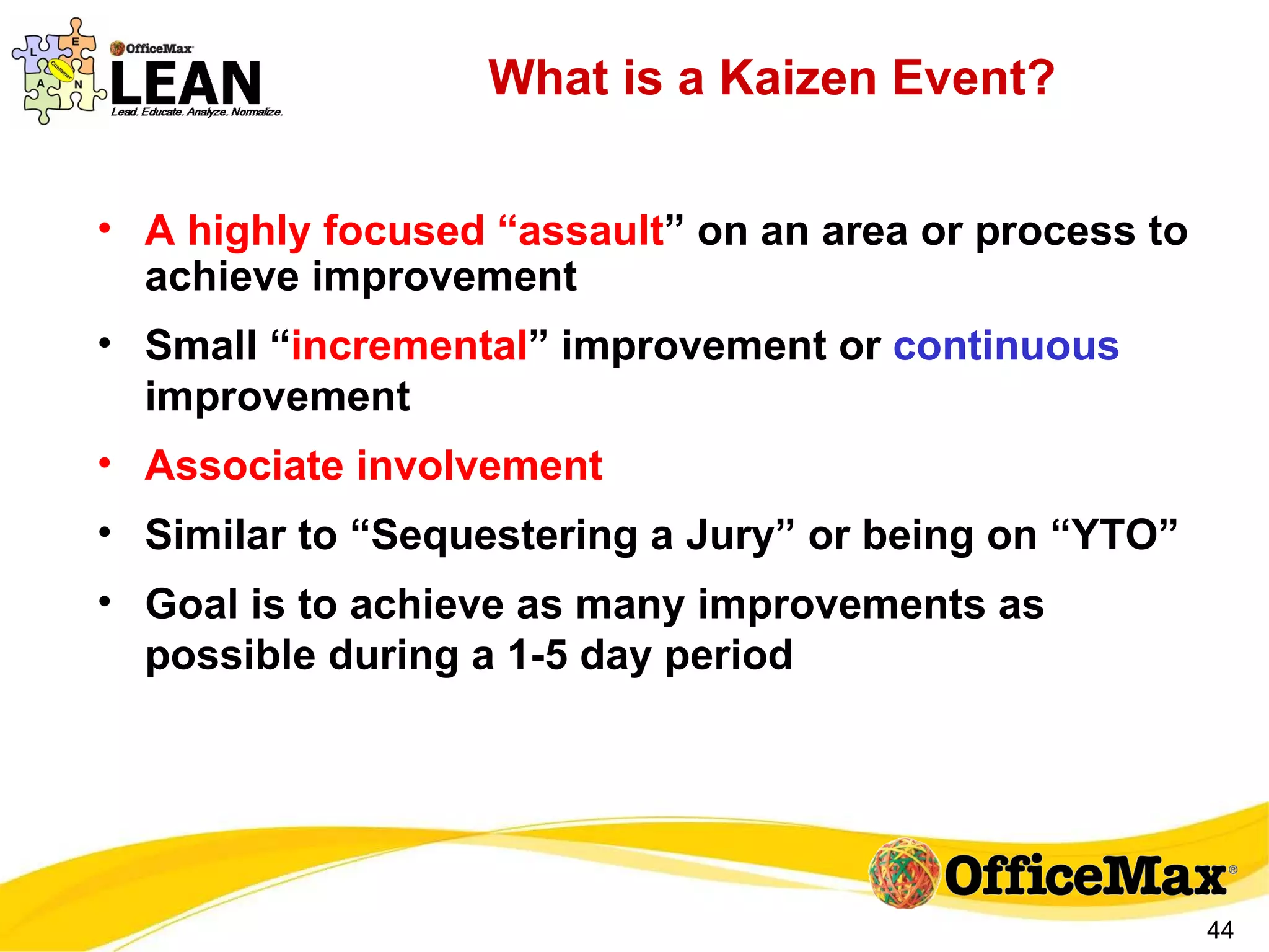 What is a Kaizen Event? A highly focused “assault ” on an area or process to achieve improvement Small “ incremental ” improvement or  continuous  improvement Associate involvement Similar to “Sequestering a Jury” or being on “YTO” Goal is to achieve as many improvements as possible during a 1-5 day period 