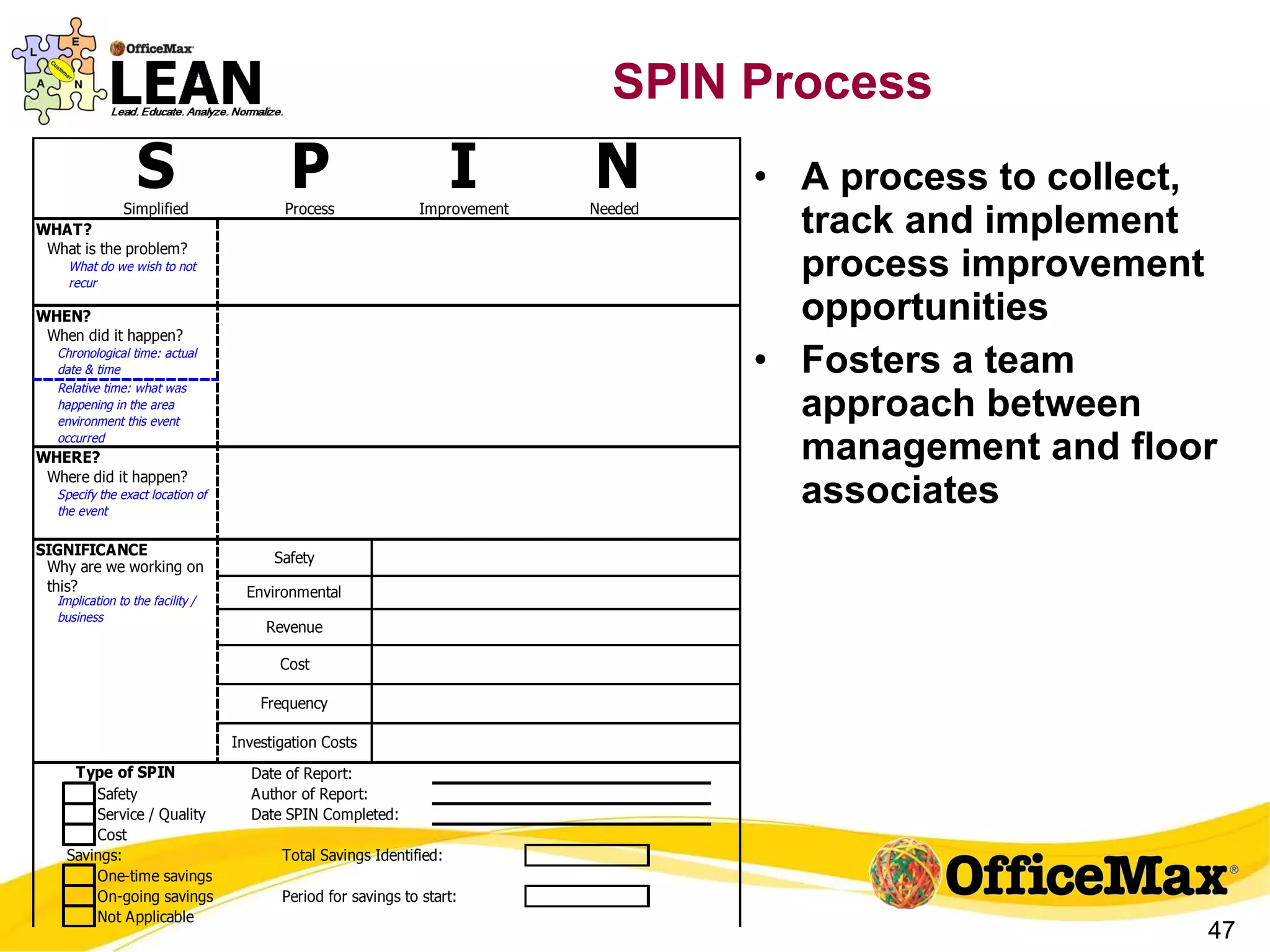 SPIN Process A process to collect, track and implement process improvement opportunities Fosters a team approach between management and floor associates 