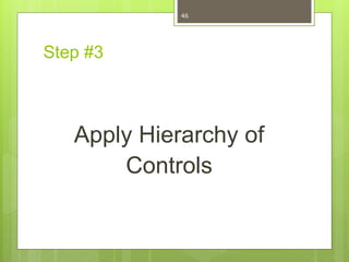 Hierarchy of Controls
Ref: Peterson JE , 1973. Principles for controlling the occupational environment. The industrial
env...