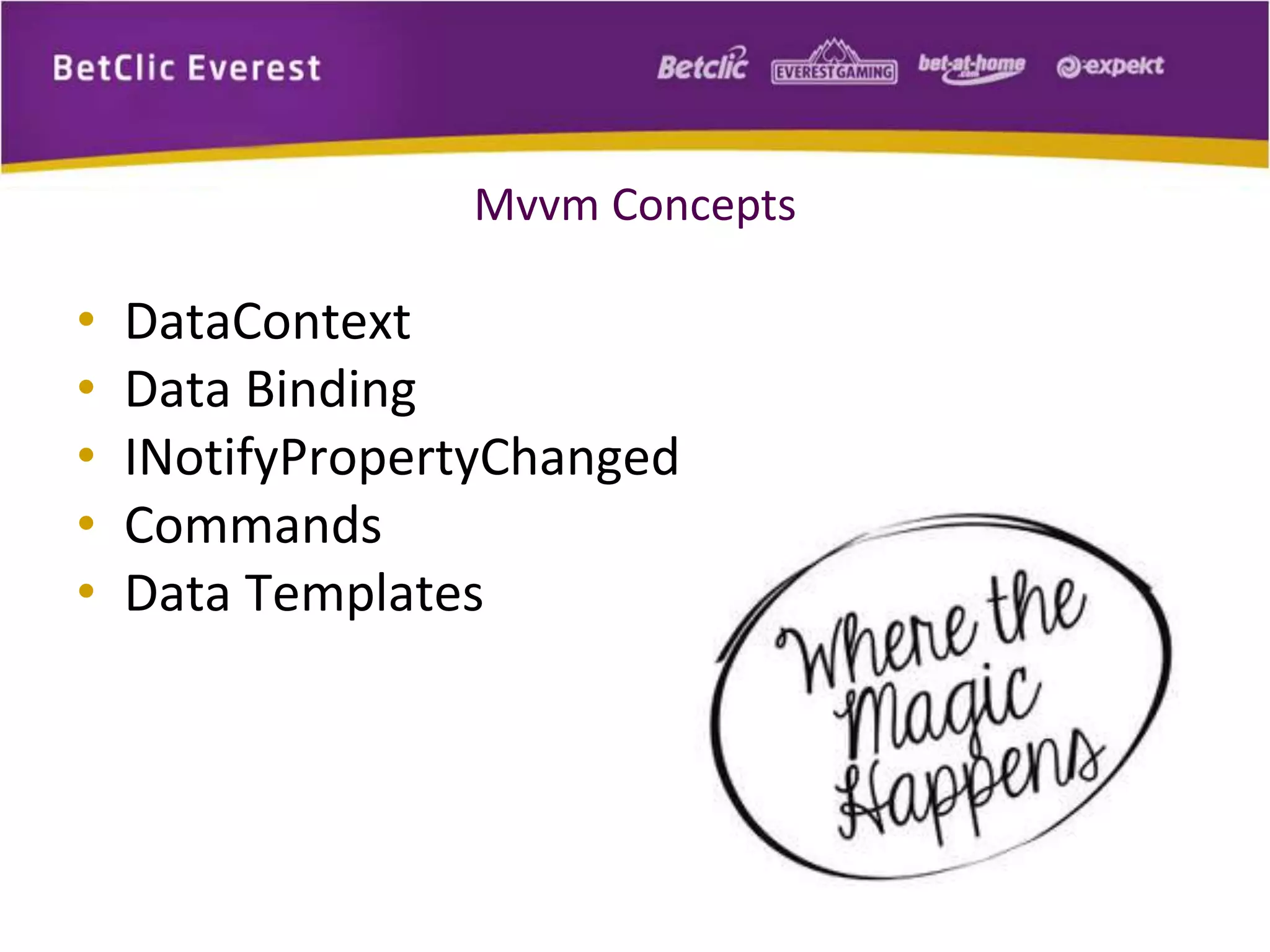 Mvvm Concepts 
• DataContext 
• Data Binding 
• INotifyPropertyChanged 
• Commands 
• Data Templates 
 