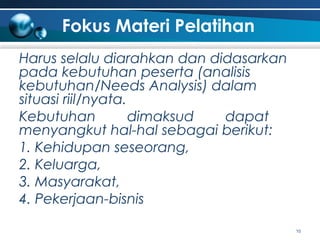 Fokus Materi Pelatihan
Harus selalu diarahkan dan didasarkan
pada kebutuhan peserta (analisis
kebutuhan/Needs Analysis) dalam
situasi riil/nyata.
Kebutuhan
dimaksud
dapat
menyangkut hal-hal sebagai berikut:
1. Kehidupan seseorang,
2. Keluarga,
3. Masyarakat,
4. Pekerjaan-bisnis
10

 