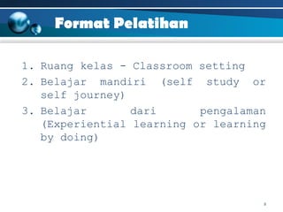 Format Pelatihan
1. Ruang kelas - Classroom setting
2. Belajar mandiri (self study or
self journey)
3. Belajar
dari
pengalaman
(Experiential learning or learning
by doing)

9

 