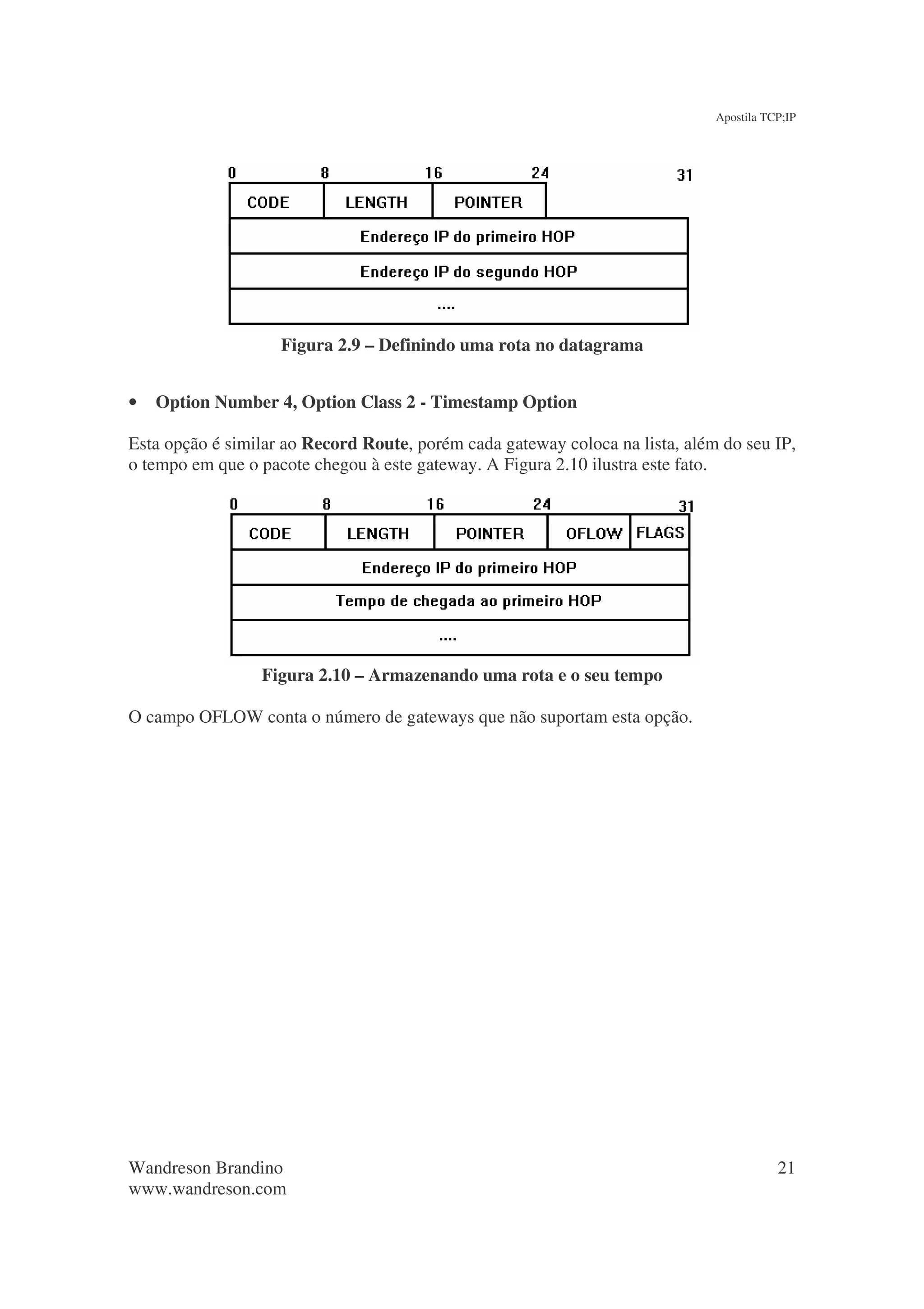 Apostila TCP;IP




                    Figura 2.9 – Definindo uma rota no datagrama


•   Option Number 4, Option Class 2 - Timestamp Option

Esta opção é similar ao Record Route, porém cada gateway coloca na lista, além do seu IP,
o tempo em que o pacote chegou à este gateway. A Figura 2.10 ilustra este fato.




                 Figura 2.10 – Armazenando uma rota e o seu tempo

O campo OFLOW conta o número de gateways que não suportam esta opção.




Wandreson Brandino                                                                       21
www.wandreson.com
 
