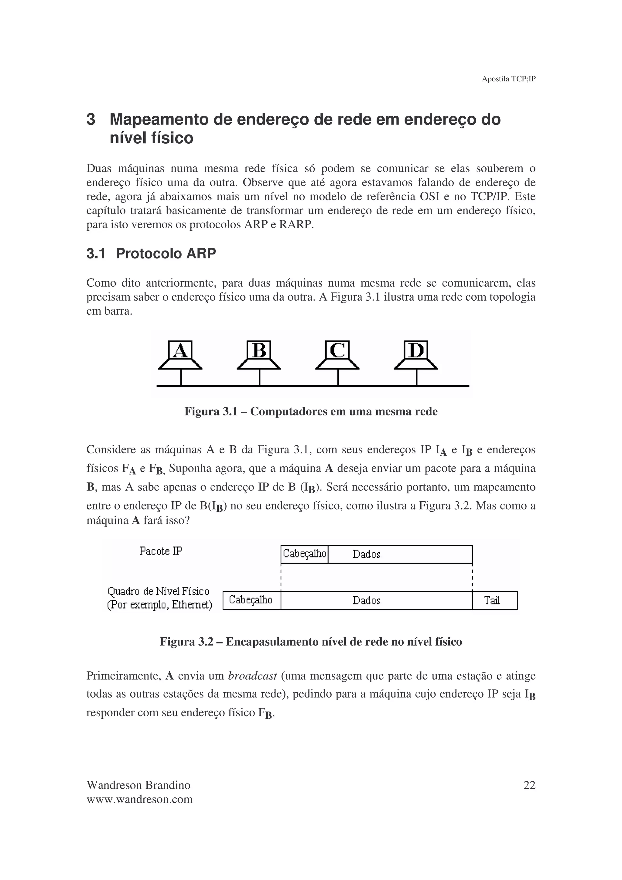Apostila TCP;IP




3 Mapeamento de endereço de rede em endereço do
  nível físico
Duas máquinas numa mesma rede física só podem se comunicar se elas souberem o
endereço físico uma da outra. Observe que até agora estavamos falando de endereço de
rede, agora já abaixamos mais um nível no modelo de referência OSI e no TCP/IP. Este
capítulo tratará basicamente de transformar um endereço de rede em um endereço físico,
para isto veremos os protocolos ARP e RARP.

3.1 Protocolo ARP
Como dito anteriormente, para duas máquinas numa mesma rede se comunicarem, elas
precisam saber o endereço físico uma da outra. A Figura 3.1 ilustra uma rede com topologia
em barra.




                   Figura 3.1 – Computadores em uma mesma rede


Considere as máquinas A e B da Figura 3.1, com seus endereços IP IA e IB e endereços
físicos FA e FB. Suponha agora, que a máquina A deseja enviar um pacote para a máquina
B, mas A sabe apenas o endereço IP de B (IB). Será necessário portanto, um mapeamento
entre o endereço IP de B(IB) no seu endereço físico, como ilustra a Figura 3.2. Mas como a
máquina A fará isso?




              Figura 3.2 – Encapasulamento nível de rede no nível físico

Primeiramente, A envia um broadcast (uma mensagem que parte de uma estação e atinge
todas as outras estações da mesma rede), pedindo para a máquina cujo endereço IP seja IB
responder com seu endereço físico FB.




Wandreson Brandino                                                                        22
www.wandreson.com
 