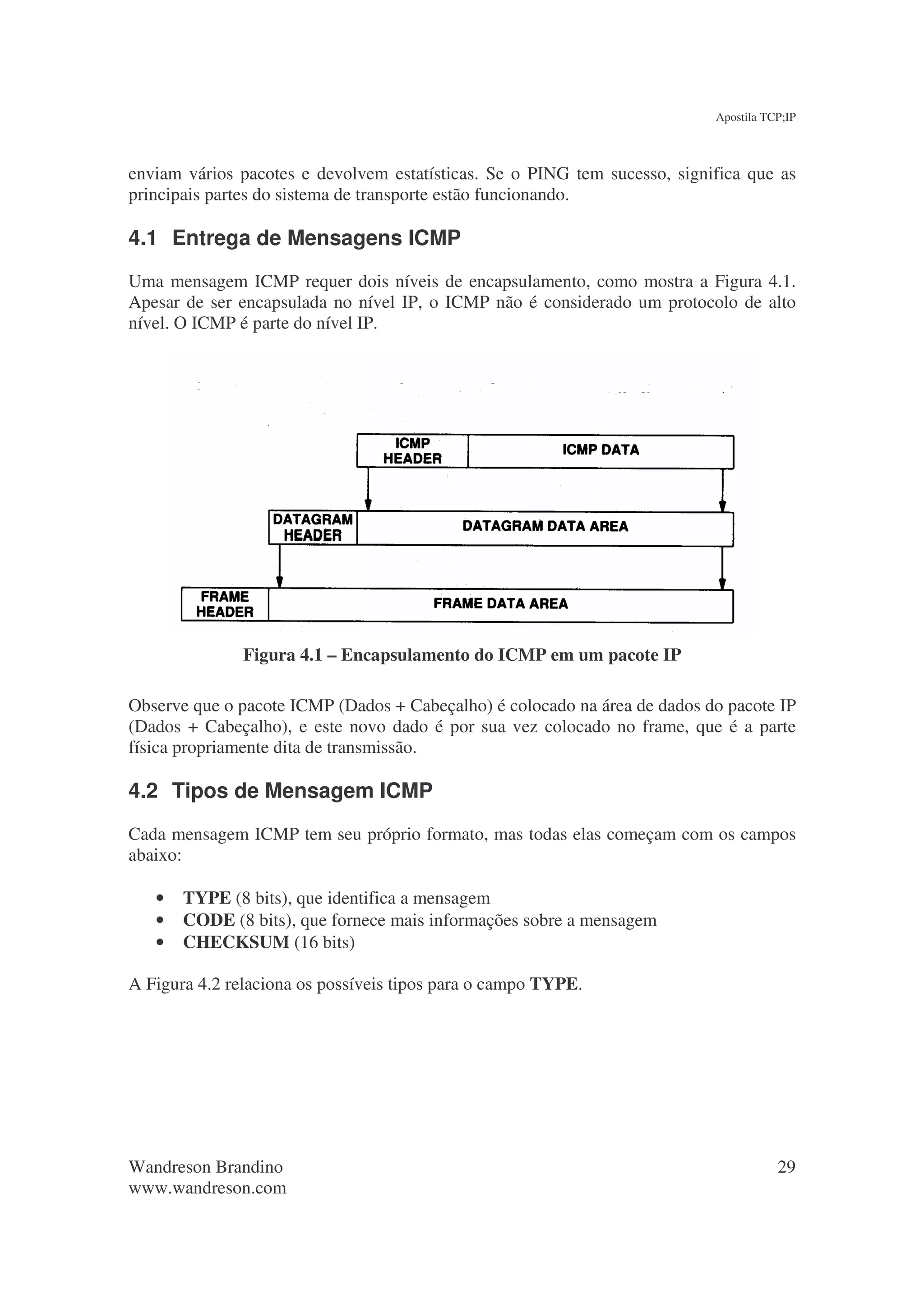 Apostila TCP;IP



enviam vários pacotes e devolvem estatísticas. Se o PING tem sucesso, significa que as
principais partes do sistema de transporte estão funcionando.

4.1 Entrega de Mensagens ICMP
Uma mensagem ICMP requer dois níveis de encapsulamento, como mostra a Figura 4.1.
Apesar de ser encapsulada no nível IP, o ICMP não é considerado um protocolo de alto
nível. O ICMP é parte do nível IP.




               Figura 4.1 – Encapsulamento do ICMP em um pacote IP

Observe que o pacote ICMP (Dados + Cabeçalho) é colocado na área de dados do pacote IP
(Dados + Cabeçalho), e este novo dado é por sua vez colocado no frame, que é a parte
física propriamente dita de transmissão.

4.2 Tipos de Mensagem ICMP
Cada mensagem ICMP tem seu próprio formato, mas todas elas começam com os campos
abaixo:

   •   TYPE (8 bits), que identifica a mensagem
   •   CODE (8 bits), que fornece mais informações sobre a mensagem
   •   CHECKSUM (16 bits)

A Figura 4.2 relaciona os possíveis tipos para o campo TYPE.




Wandreson Brandino                                                                    29
www.wandreson.com
 