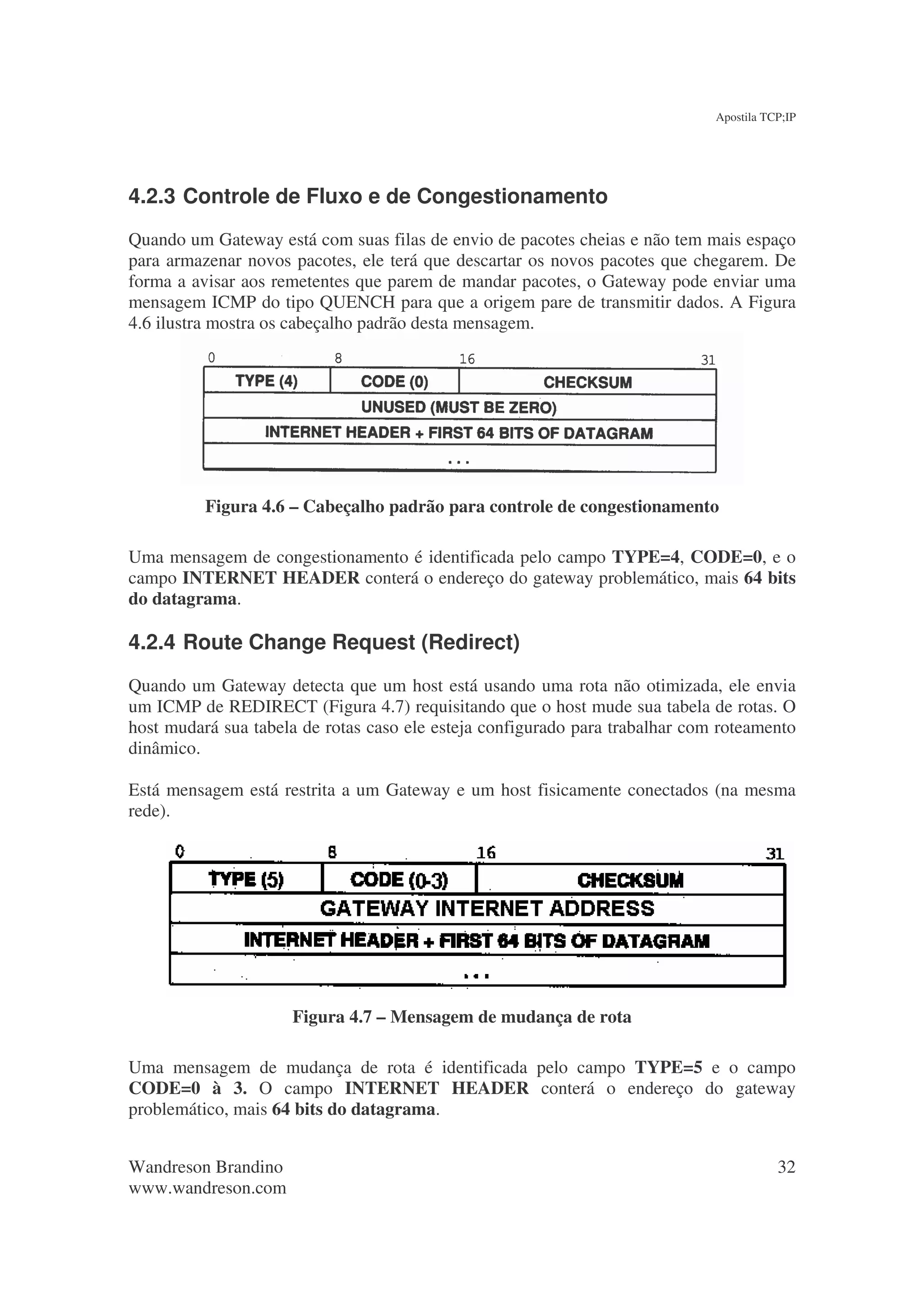 Apostila TCP;IP




4.2.3 Controle de Fluxo e de Congestionamento
Quando um Gateway está com suas filas de envio de pacotes cheias e não tem mais espaço
para armazenar novos pacotes, ele terá que descartar os novos pacotes que chegarem. De
forma a avisar aos remetentes que parem de mandar pacotes, o Gateway pode enviar uma
mensagem ICMP do tipo QUENCH para que a origem pare de transmitir dados. A Figura
4.6 ilustra mostra os cabeçalho padrão desta mensagem.




          Figura 4.6 – Cabeçalho padrão para controle de congestionamento

Uma mensagem de congestionamento é identificada pelo campo TYPE=4, CODE=0, e o
campo INTERNET HEADER conterá o endereço do gateway problemático, mais 64 bits
do datagrama.

4.2.4 Route Change Request (Redirect)
Quando um Gateway detecta que um host está usando uma rota não otimizada, ele envia
um ICMP de REDIRECT (Figura 4.7) requisitando que o host mude sua tabela de rotas. O
host mudará sua tabela de rotas caso ele esteja configurado para trabalhar com roteamento
dinâmico.

Está mensagem está restrita a um Gateway e um host fisicamente conectados (na mesma
rede).




                     Figura 4.7 – Mensagem de mudança de rota

Uma mensagem de mudança de rota é identificada pelo campo TYPE=5 e o campo
CODE=0 à 3. O campo INTERNET HEADER conterá o endereço do gateway
problemático, mais 64 bits do datagrama.


Wandreson Brandino                                                                       32
www.wandreson.com
 