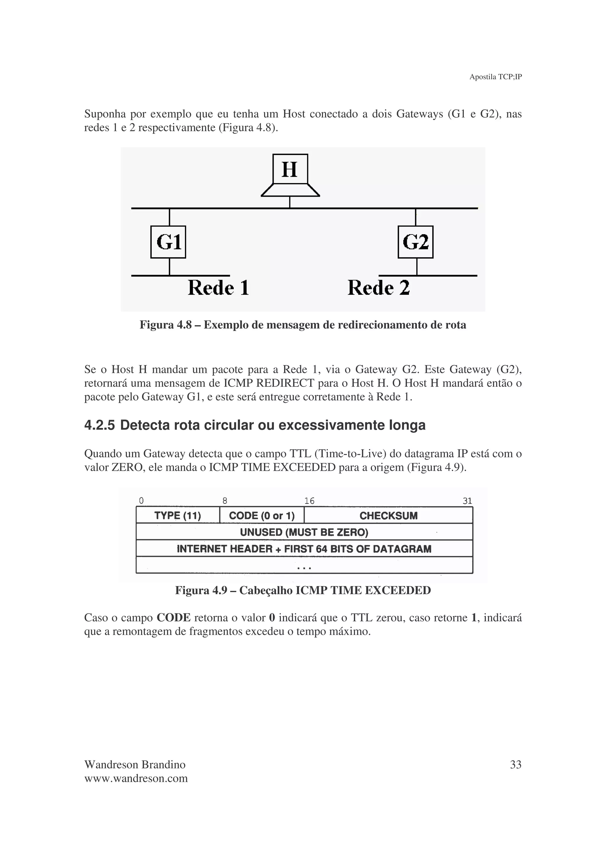 Apostila TCP;IP



Suponha por exemplo que eu tenha um Host conectado a dois Gateways (G1 e G2), nas
redes 1 e 2 respectivamente (Figura 4.8).




          Figura 4.8 – Exemplo de mensagem de redirecionamento de rota


Se o Host H mandar um pacote para a Rede 1, via o Gateway G2. Este Gateway (G2),
retornará uma mensagem de ICMP REDIRECT para o Host H. O Host H mandará então o
pacote pelo Gateway G1, e este será entregue corretamente à Rede 1.

4.2.5 Detecta rota circular ou excessivamente longa
Quando um Gateway detecta que o campo TTL (Time-to-Live) do datagrama IP está com o
valor ZERO, ele manda o ICMP TIME EXCEEDED para a origem (Figura 4.9).




                 Figura 4.9 – Cabeçalho ICMP TIME EXCEEDED

Caso o campo CODE retorna o valor 0 indicará que o TTL zerou, caso retorne 1, indicará
que a remontagem de fragmentos excedeu o tempo máximo.




Wandreson Brandino                                                                    33
www.wandreson.com
 