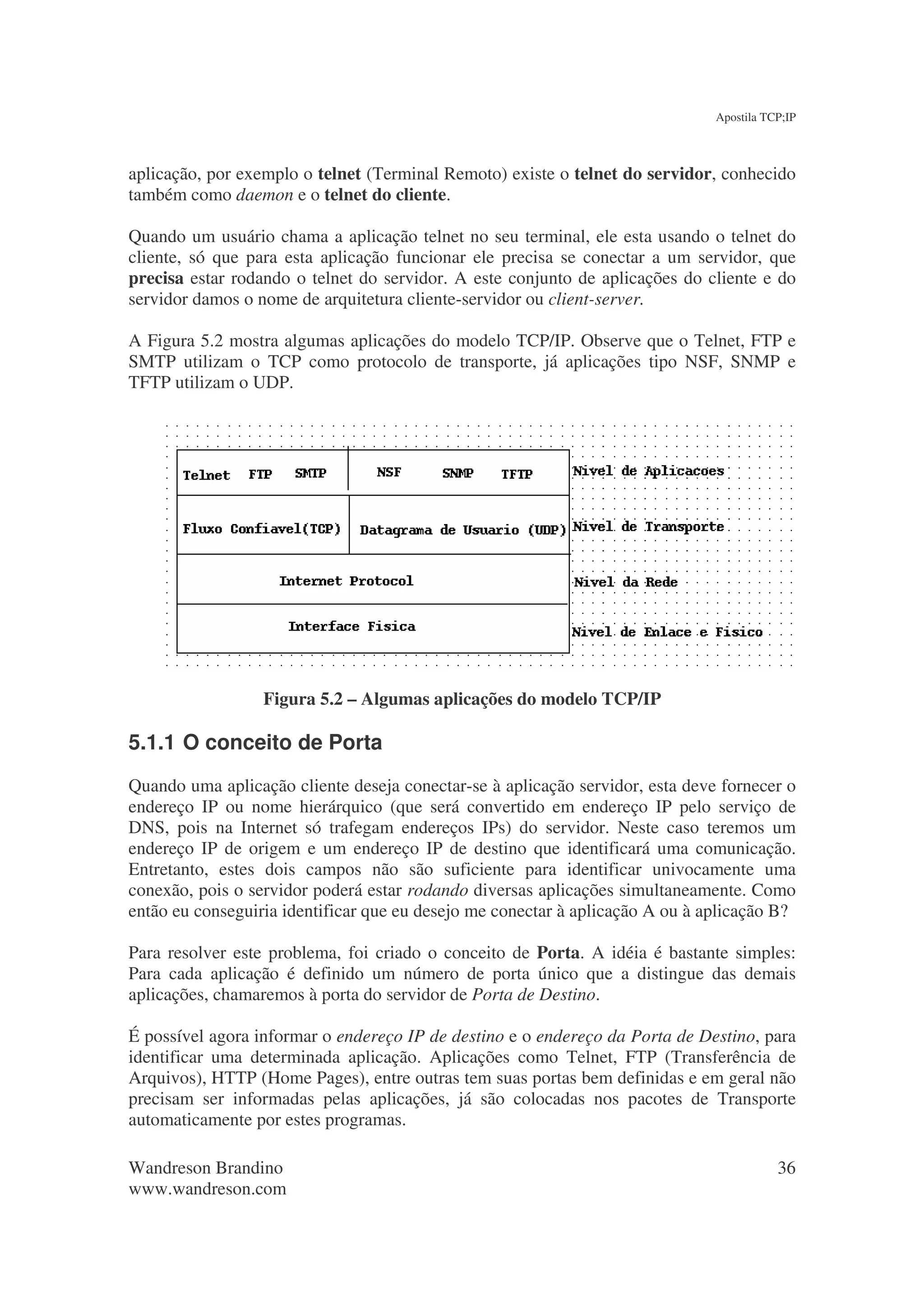 Apostila TCP;IP



aplicação, por exemplo o telnet (Terminal Remoto) existe o telnet do servidor, conhecido
também como daemon e o telnet do cliente.

Quando um usuário chama a aplicação telnet no seu terminal, ele esta usando o telnet do
cliente, só que para esta aplicação funcionar ele precisa se conectar a um servidor, que
precisa estar rodando o telnet do servidor. A este conjunto de aplicações do cliente e do
servidor damos o nome de arquitetura cliente-servidor ou client-server.

A Figura 5.2 mostra algumas aplicações do modelo TCP/IP. Observe que o Telnet, FTP e
SMTP utilizam o TCP como protocolo de transporte, já aplicações tipo NSF, SNMP e
TFTP utilizam o UDP.




                  Figura 5.2 – Algumas aplicações do modelo TCP/IP

5.1.1 O conceito de Porta
Quando uma aplicação cliente deseja conectar-se à aplicação servidor, esta deve fornecer o
endereço IP ou nome hierárquico (que será convertido em endereço IP pelo serviço de
DNS, pois na Internet só trafegam endereços IPs) do servidor. Neste caso teremos um
endereço IP de origem e um endereço IP de destino que identificará uma comunicação.
Entretanto, estes dois campos não são suficiente para identificar univocamente uma
conexão, pois o servidor poderá estar rodando diversas aplicações simultaneamente. Como
então eu conseguiria identificar que eu desejo me conectar à aplicação A ou à aplicação B?

Para resolver este problema, foi criado o conceito de Porta. A idéia é bastante simples:
Para cada aplicação é definido um número de porta único que a distingue das demais
aplicações, chamaremos à porta do servidor de Porta de Destino.

É possível agora informar o endereço IP de destino e o endereço da Porta de Destino, para
identificar uma determinada aplicação. Aplicações como Telnet, FTP (Transferência de
Arquivos), HTTP (Home Pages), entre outras tem suas portas bem definidas e em geral não
precisam ser informadas pelas aplicações, já são colocadas nos pacotes de Transporte
automaticamente por estes programas.

Wandreson Brandino                                                                        36
www.wandreson.com
 