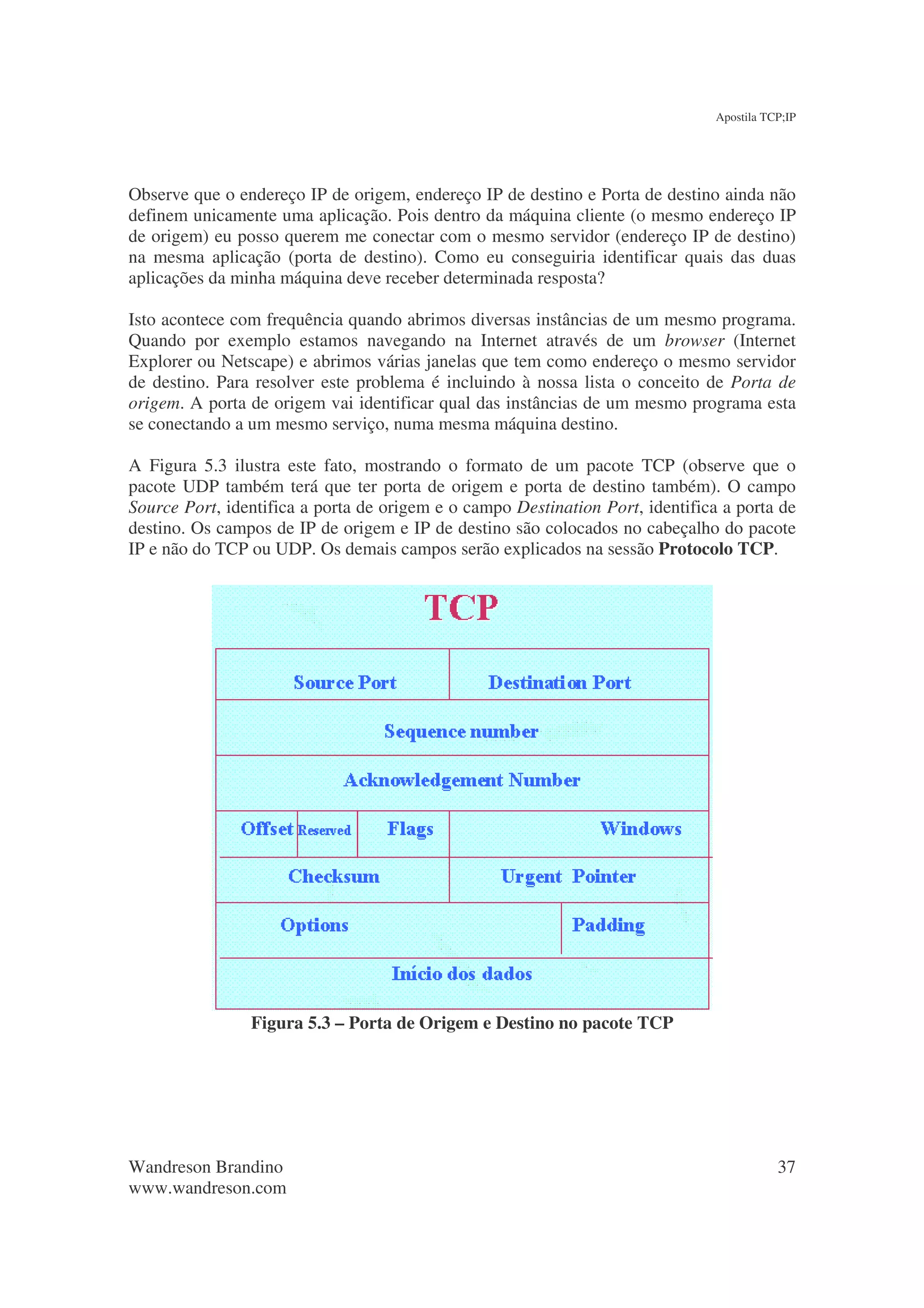 Apostila TCP;IP




Observe que o endereço IP de origem, endereço IP de destino e Porta de destino ainda não
definem unicamente uma aplicação. Pois dentro da máquina cliente (o mesmo endereço IP
de origem) eu posso querem me conectar com o mesmo servidor (endereço IP de destino)
na mesma aplicação (porta de destino). Como eu conseguiria identificar quais das duas
aplicações da minha máquina deve receber determinada resposta?

Isto acontece com frequência quando abrimos diversas instâncias de um mesmo programa.
Quando por exemplo estamos navegando na Internet através de um browser (Internet
Explorer ou Netscape) e abrimos várias janelas que tem como endereço o mesmo servidor
de destino. Para resolver este problema é incluindo à nossa lista o conceito de Porta de
origem. A porta de origem vai identificar qual das instâncias de um mesmo programa esta
se conectando a um mesmo serviço, numa mesma máquina destino.

A Figura 5.3 ilustra este fato, mostrando o formato de um pacote TCP (observe que o
pacote UDP também terá que ter porta de origem e porta de destino também). O campo
Source Port, identifica a porta de origem e o campo Destination Port, identifica a porta de
destino. Os campos de IP de origem e IP de destino são colocados no cabeçalho do pacote
IP e não do TCP ou UDP. Os demais campos serão explicados na sessão Protocolo TCP.




                Figura 5.3 – Porta de Origem e Destino no pacote TCP




Wandreson Brandino                                                                         37
www.wandreson.com
 