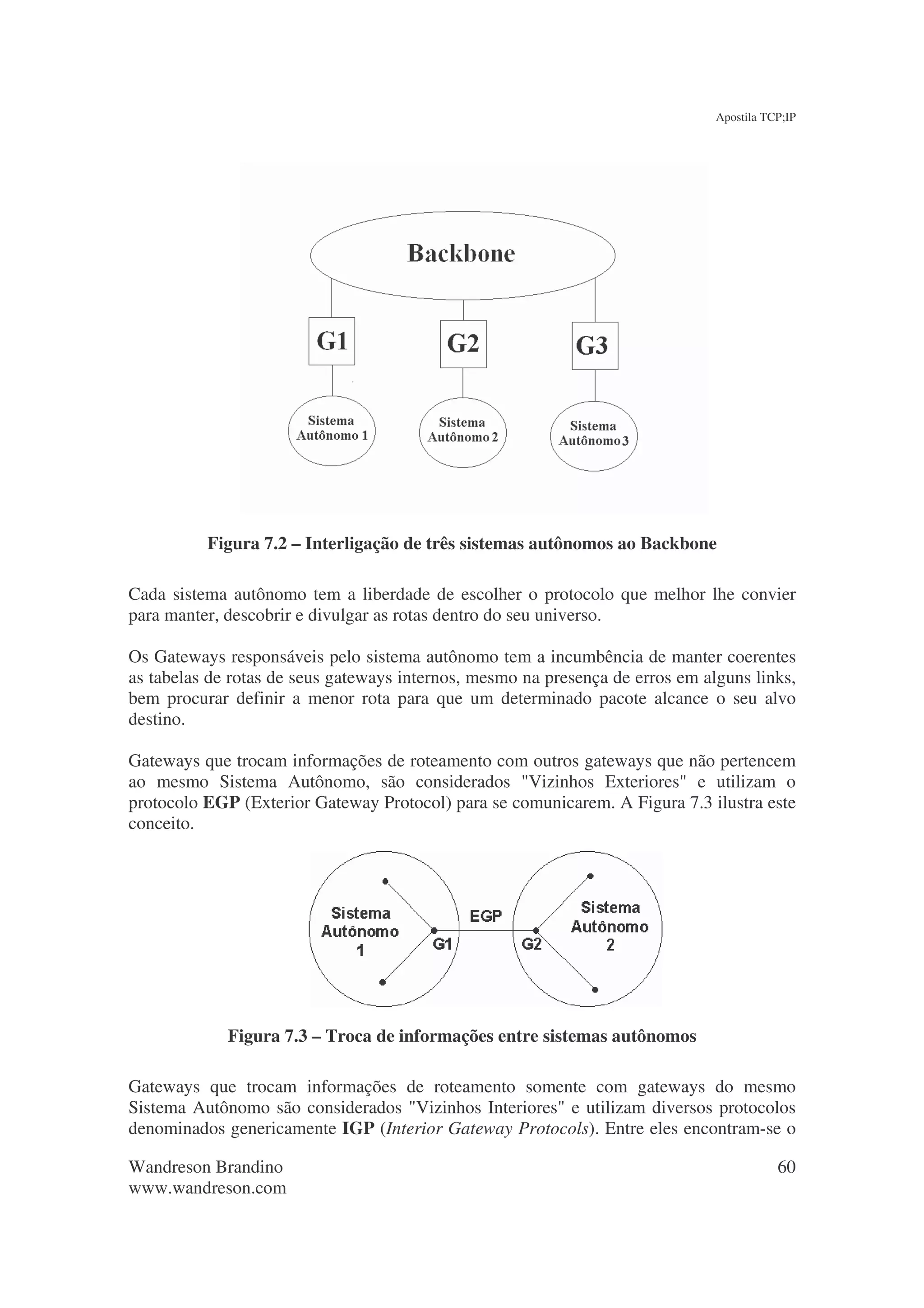 Apostila TCP;IP




          Figura 7.2 – Interligação de três sistemas autônomos ao Backbone

Cada sistema autônomo tem a liberdade de escolher o protocolo que melhor lhe convier
para manter, descobrir e divulgar as rotas dentro do seu universo.

Os Gateways responsáveis pelo sistema autônomo tem a incumbência de manter coerentes
as tabelas de rotas de seus gateways internos, mesmo na presença de erros em alguns links,
bem procurar definir a menor rota para que um determinado pacote alcance o seu alvo
destino.

Gateways que trocam informações de roteamento com outros gateways que não pertencem
ao mesmo Sistema Autônomo, são considerados "Vizinhos Exteriores" e utilizam o
protocolo EGP (Exterior Gateway Protocol) para se comunicarem. A Figura 7.3 ilustra este
conceito.




             Figura 7.3 – Troca de informações entre sistemas autônomos

Gateways que trocam informações de roteamento somente com gateways do mesmo
Sistema Autônomo são considerados "Vizinhos Interiores" e utilizam diversos protocolos
denominados genericamente IGP (Interior Gateway Protocols). Entre eles encontram-se o

Wandreson Brandino                                                                        60
www.wandreson.com
 