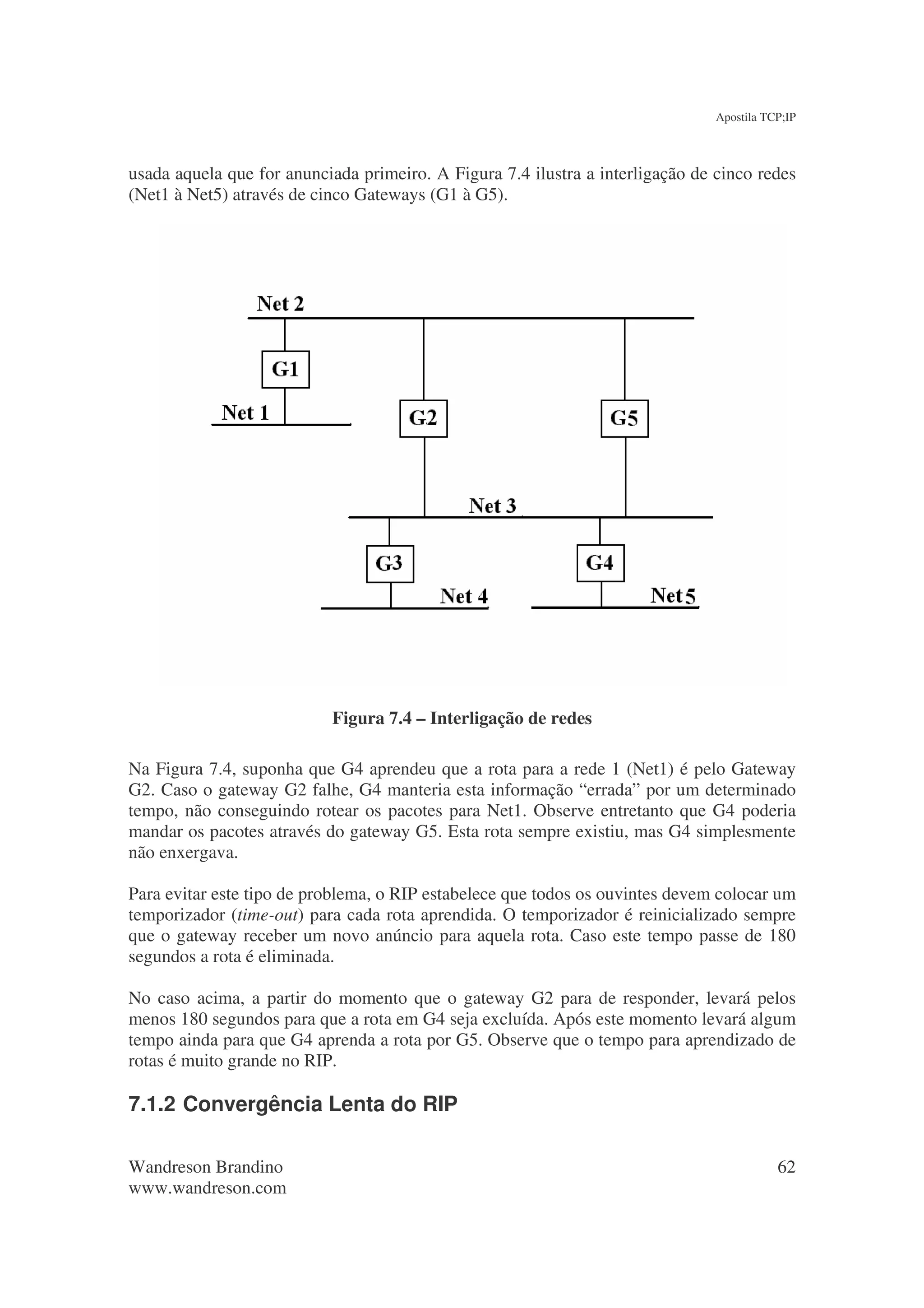 Apostila TCP;IP



usada aquela que for anunciada primeiro. A Figura 7.4 ilustra a interligação de cinco redes
(Net1 à Net5) através de cinco Gateways (G1 à G5).




                           Figura 7.4 – Interligação de redes

Na Figura 7.4, suponha que G4 aprendeu que a rota para a rede 1 (Net1) é pelo Gateway
G2. Caso o gateway G2 falhe, G4 manteria esta informação “errada” por um determinado
tempo, não conseguindo rotear os pacotes para Net1. Observe entretanto que G4 poderia
mandar os pacotes através do gateway G5. Esta rota sempre existiu, mas G4 simplesmente
não enxergava.

Para evitar este tipo de problema, o RIP estabelece que todos os ouvintes devem colocar um
temporizador (time-out) para cada rota aprendida. O temporizador é reinicializado sempre
que o gateway receber um novo anúncio para aquela rota. Caso este tempo passe de 180
segundos a rota é eliminada.

No caso acima, a partir do momento que o gateway G2 para de responder, levará pelos
menos 180 segundos para que a rota em G4 seja excluída. Após este momento levará algum
tempo ainda para que G4 aprenda a rota por G5. Observe que o tempo para aprendizado de
rotas é muito grande no RIP.

7.1.2 Convergência Lenta do RIP

Wandreson Brandino                                                                         62
www.wandreson.com
 