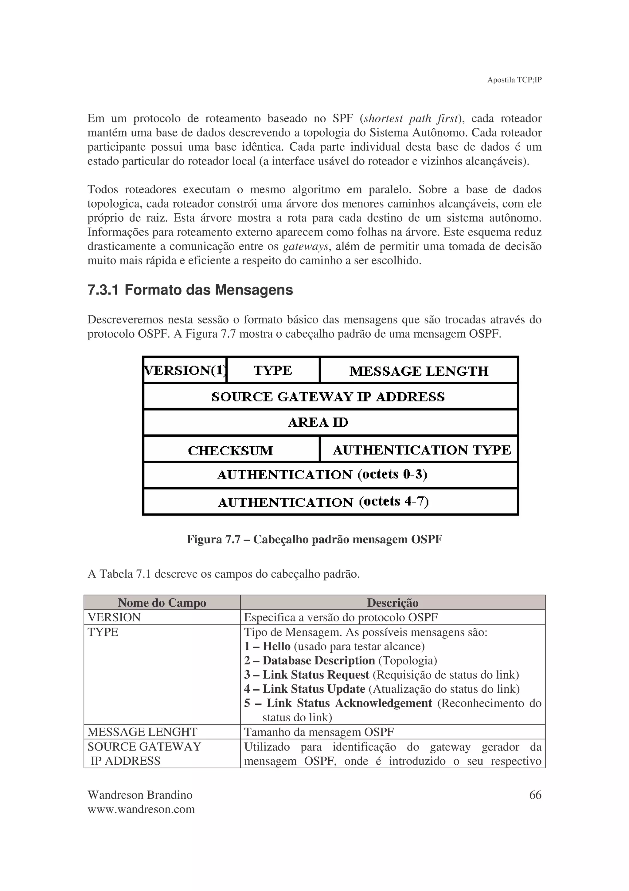 Apostila TCP;IP



Em um protocolo de roteamento baseado no SPF (shortest path first), cada roteador
mantém uma base de dados descrevendo a topologia do Sistema Autônomo. Cada roteador
participante possui uma base idêntica. Cada parte individual desta base de dados é um
estado particular do roteador local (a interface usável do roteador e vizinhos alcançáveis).

Todos roteadores executam o mesmo algoritmo em paralelo. Sobre a base de dados
topologica, cada roteador constrói uma árvore dos menores caminhos alcançáveis, com ele
próprio de raiz. Esta árvore mostra a rota para cada destino de um sistema autônomo.
Informações para roteamento externo aparecem como folhas na árvore. Este esquema reduz
drasticamente a comunicação entre os gateways, além de permitir uma tomada de decisão
muito mais rápida e eficiente a respeito do caminho a ser escolhido.

7.3.1 Formato das Mensagens
Descreveremos nesta sessão o formato básico das mensagens que são trocadas através do
protocolo OSPF. A Figura 7.7 mostra o cabeçalho padrão de uma mensagem OSPF.




                    Figura 7.7 – Cabeçalho padrão mensagem OSPF

A Tabela 7.1 descreve os campos do cabeçalho padrão.

    Nome do Campo                                       Descrição
VERSION                        Especifica a versão do protocolo OSPF
TYPE                           Tipo de Mensagem. As possíveis mensagens são:
                               1 – Hello (usado para testar alcance)
                               2 – Database Description (Topologia)
                               3 – Link Status Request (Requisição de status do link)
                               4 – Link Status Update (Atualização do status do link)
                               5 – Link Status Acknowledgement (Reconhecimento do
                                   status do link)
MESSAGE LENGHT                 Tamanho da mensagem OSPF
SOURCE GATEWAY                 Utilizado para identificação do gateway gerador da
IP ADDRESS                     mensagem OSPF, onde é introduzido o seu respectivo

Wandreson Brandino                                                                         66
www.wandreson.com
 