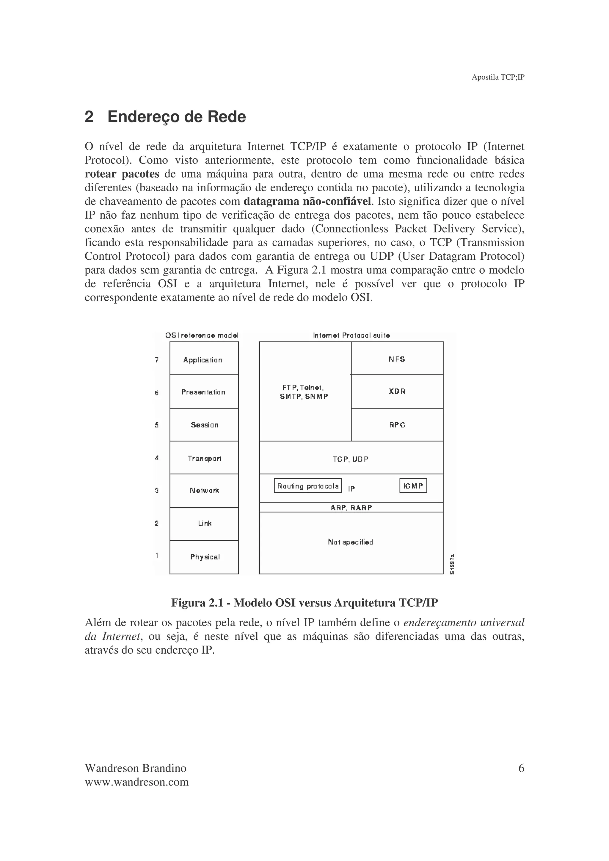 Apostila TCP;IP




2 Endereço de Rede
O nível de rede da arquitetura Internet TCP/IP é exatamente o protocolo IP (Internet
Protocol). Como visto anteriormente, este protocolo tem como funcionalidade básica
rotear pacotes de uma máquina para outra, dentro de uma mesma rede ou entre redes
diferentes (baseado na informação de endereço contida no pacote), utilizando a tecnologia
de chaveamento de pacotes com datagrama não-confiável. Isto significa dizer que o nível
IP não faz nenhum tipo de verificação de entrega dos pacotes, nem tão pouco estabelece
conexão antes de transmitir qualquer dado (Connectionless Packet Delivery Service),
ficando esta responsabilidade para as camadas superiores, no caso, o TCP (Transmission
Control Protocol) para dados com garantia de entrega ou UDP (User Datagram Protocol)
para dados sem garantia de entrega. A Figura 2.1 mostra uma comparação entre o modelo
de referência OSI e a arquitetura Internet, nele é possível ver que o protocolo IP
correspondente exatamente ao nível de rede do modelo OSI.




                 Figura 2.1 - Modelo OSI versus Arquitetura TCP/IP
Além de rotear os pacotes pela rede, o nível IP também define o endereçamento universal
da Internet, ou seja, é neste nível que as máquinas são diferenciadas uma das outras,
através do seu endereço IP.




Wandreson Brandino                                                                         6
www.wandreson.com
 