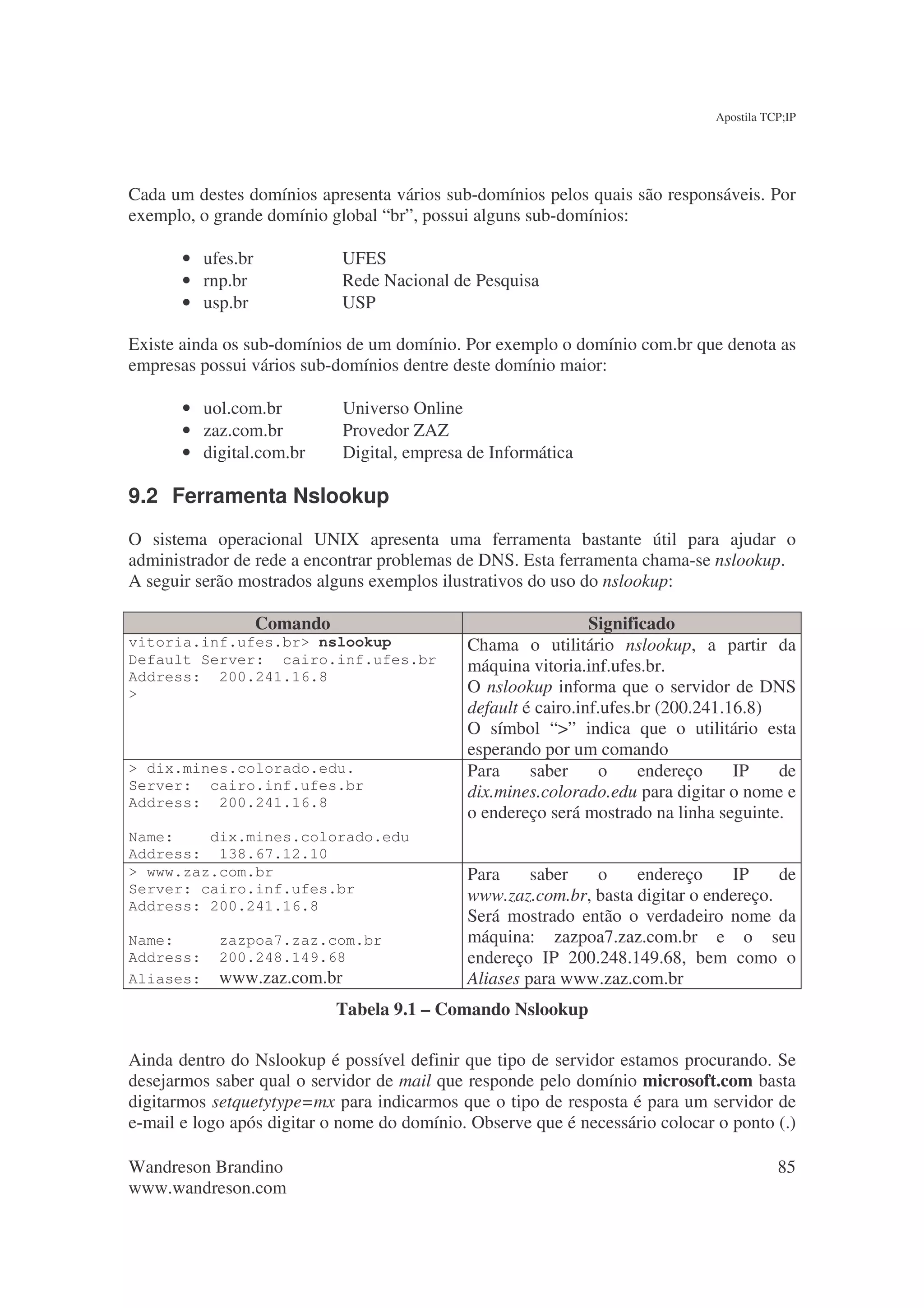 Apostila TCP;IP




Cada um destes domínios apresenta vários sub-domínios pelos quais são responsáveis. Por
exemplo, o grande domínio global “br”, possui alguns sub-domínios:

       • ufes.br             UFES
       • rnp.br              Rede Nacional de Pesquisa
       • usp.br              USP

Existe ainda os sub-domínios de um domínio. Por exemplo o domínio com.br que denota as
empresas possui vários sub-domínios dentre deste domínio maior:

       • uol.com.br          Universo Online
       • zaz.com.br          Provedor ZAZ
       • digital.com.br      Digital, empresa de Informática

9.2 Ferramenta Nslookup
O sistema operacional UNIX apresenta uma ferramenta bastante útil para ajudar o
administrador de rede a encontrar problemas de DNS. Esta ferramenta chama-se nslookup.
A seguir serão mostrados alguns exemplos ilustrativos do uso do nslookup:

                   Comando                                     Significado
vitoria.inf.ufes.br> nslookup                Chama o utilitário nslookup, a partir da
Default Server: cairo.inf.ufes.br            máquina vitoria.inf.ufes.br.
Address: 200.241.16.8
>                                            O nslookup informa que o servidor de DNS
                                             default é cairo.inf.ufes.br (200.241.16.8)
                                             O símbol “>” indica que o utilitário esta
                                             esperando por um comando
> dix.mines.colorado.edu.                    Para     saber      o    endereço     IP   de
Server: cairo.inf.ufes.br                    dix.mines.colorado.edu para digitar o nome e
Address: 200.241.16.8
                                             o endereço será mostrado na linha seguinte.
Name:    dix.mines.colorado.edu
Address: 138.67.12.10
> www.zaz.com.br                             Para     saber  o     endereço     IP     de
Server: cairo.inf.ufes.br                    www.zaz.com.br, basta digitar o endereço.
Address: 200.241.16.8
                                             Será mostrado então o verdadeiro nome da
Name:       zazpoa7.zaz.com.br               máquina: zazpoa7.zaz.com.br e o seu
Address:    200.248.149.68                   endereço IP 200.248.149.68, bem como o
Aliases:    www.zaz.com.br                   Aliases para www.zaz.com.br
                             Tabela 9.1 – Comando Nslookup

Ainda dentro do Nslookup é possível definir que tipo de servidor estamos procurando. Se
desejarmos saber qual o servidor de mail que responde pelo domínio microsoft.com basta
digitarmos setquetytype=mx para indicarmos que o tipo de resposta é para um servidor de
e-mail e logo após digitar o nome do domínio. Observe que é necessário colocar o ponto (.)

Wandreson Brandino                                                                        85
www.wandreson.com
 