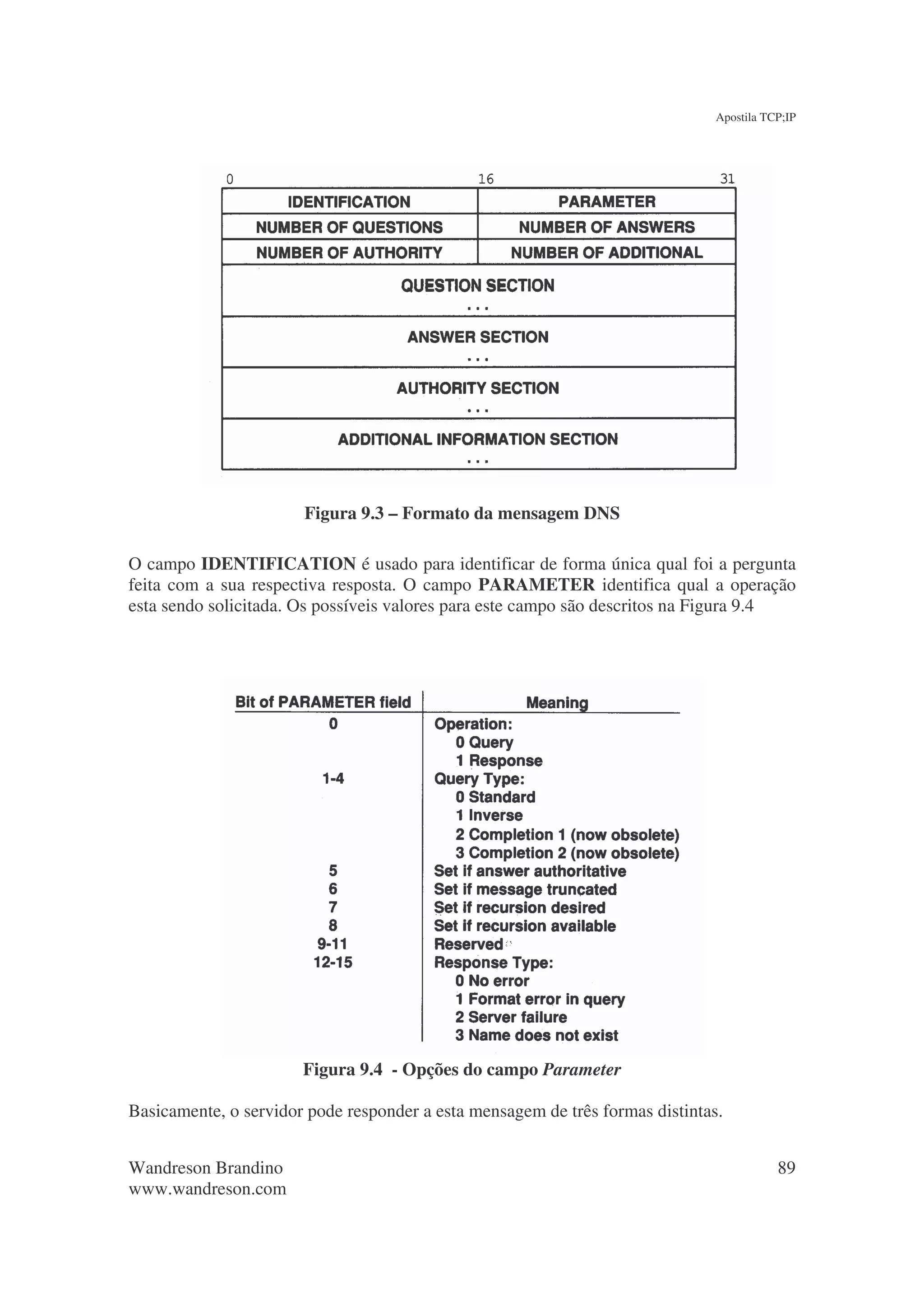 Apostila TCP;IP




                       Figura 9.3 – Formato da mensagem DNS

O campo IDENTIFICATION é usado para identificar de forma única qual foi a pergunta
feita com a sua respectiva resposta. O campo PARAMETER identifica qual a operação
esta sendo solicitada. Os possíveis valores para este campo são descritos na Figura 9.4




                       Figura 9.4 - Opções do campo Parameter

Basicamente, o servidor pode responder a esta mensagem de três formas distintas.


Wandreson Brandino                                                                        89
www.wandreson.com
 