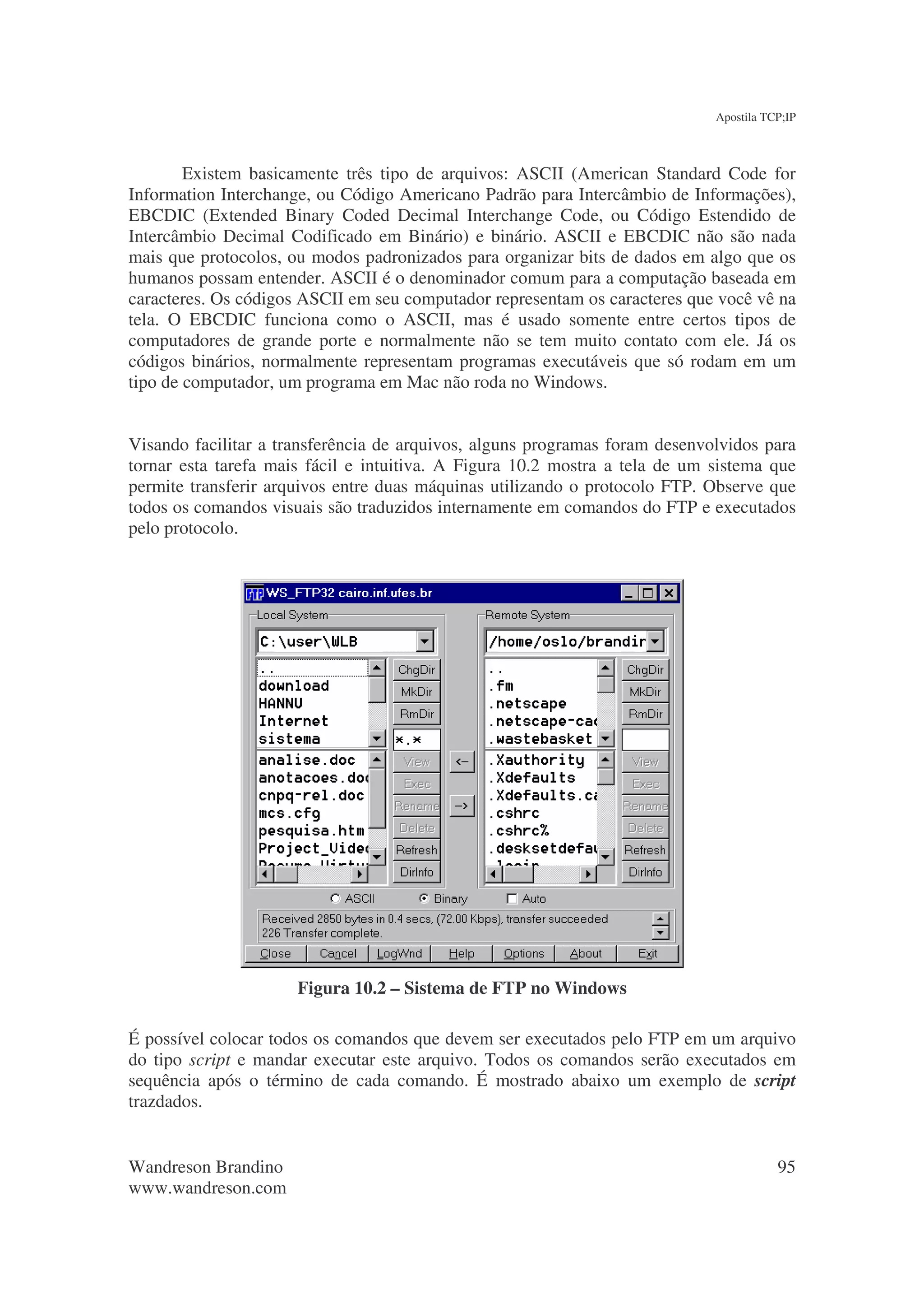 Apostila TCP;IP



        Existem basicamente três tipo de arquivos: ASCII (American Standard Code for
Information Interchange, ou Código Americano Padrão para Intercâmbio de Informações),
EBCDIC (Extended Binary Coded Decimal Interchange Code, ou Código Estendido de
Intercâmbio Decimal Codificado em Binário) e binário. ASCII e EBCDIC não são nada
mais que protocolos, ou modos padronizados para organizar bits de dados em algo que os
humanos possam entender. ASCII é o denominador comum para a computação baseada em
caracteres. Os códigos ASCII em seu computador representam os caracteres que você vê na
tela. O EBCDIC funciona como o ASCII, mas é usado somente entre certos tipos de
computadores de grande porte e normalmente não se tem muito contato com ele. Já os
códigos binários, normalmente representam programas executáveis que só rodam em um
tipo de computador, um programa em Mac não roda no Windows.


Visando facilitar a transferência de arquivos, alguns programas foram desenvolvidos para
tornar esta tarefa mais fácil e intuitiva. A Figura 10.2 mostra a tela de um sistema que
permite transferir arquivos entre duas máquinas utilizando o protocolo FTP. Observe que
todos os comandos visuais são traduzidos internamente em comandos do FTP e executados
pelo protocolo.




                      Figura 10.2 – Sistema de FTP no Windows

É possível colocar todos os comandos que devem ser executados pelo FTP em um arquivo
do tipo script e mandar executar este arquivo. Todos os comandos serão executados em
sequência após o término de cada comando. É mostrado abaixo um exemplo de script
trazdados.


Wandreson Brandino                                                                      95
www.wandreson.com
 