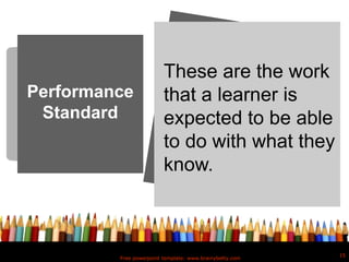 Free powerpoint template: www.brainybetty.com
15
Performance
Standard
These are the work
that a learner is
expected to be able
to do with what they
know.
 