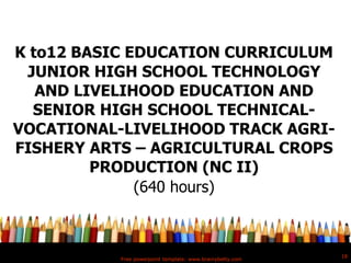Free powerpoint template: www.brainybetty.com
18
K to12 BASIC EDUCATION CURRICULUM
JUNIOR HIGH SCHOOL TECHNOLOGY
AND LIVELIHOOD EDUCATION AND
SENIOR HIGH SCHOOL TECHNICAL-
VOCATIONAL-LIVELIHOOD TRACK AGRI-
FISHERY ARTS – AGRICULTURAL CROPS
PRODUCTION (NC II)
(640 hours)
 