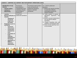 Free powerpoint template: www.brainybetty.com
53
LESSON 9: CARRYING OUT HARVEST AND POSTHARVEST OPERATIONS (CHPO)
Identification of crop
maturity
 maturity indices
 methods of
determining
The learners
demonstrate an
understanding of the
underlying concepts
and principles in
carrying out
The learners shall be able to
carry out harvest and
postharvest operations
based on standard
procedures
LO 1. Perform preharvest
operations
1.1 Identify crop maturity according
to parameters affecting
physiological growth and
physical indicators
maturity
• Record verification of
maturity
 checking of
records of
crops to be
harvested
• Preparations prior to
harvesting
 removal of
obstructions
 construction
of temporary
shed
 preparation of
tools,
materials,
equipment for
harvesting
 application of
OSHS in
removal of
obstructions
harvest and
postharvest operations
1.2 Verify records of maturity of
agricultural /agronomic crop
history
1.3 Perform removal of obstructions
from the field for efficient
harvesting
1.4 Prepare harvesting tools and
materials, and temporary shed
1.5 Check records regarding crops
to be harvested
 