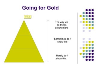 Going for Gold
GOLD
The way we
do things
around here
Sometimes do /
show this
Rarely do /
show this
 