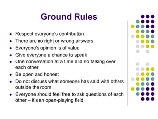 Ground Rules
 Respect everyone’s contribution
 There are no right or wrong answers
 Everyone’s opinion is of value
 Give everyone a chance to speak
 One conversation at a time and no talking over
each other
 Be open and honest
 Do not discuss what someone has said with others
outside the room
 Everyone should feel free to ask questions of each
other – it’s an open-playing field
 