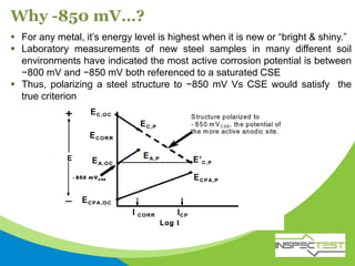 Why -850 mV…?
 For any metal, it’s energy level is highest when it is new or “bright & shiny.”
 Laboratory measurements of new steel samples in many different soil
environments have indicated the most active corrosion potential is between
−800 mV and −850 mV both referenced to a saturated CSE
 Thus, polarizing a steel structure to −850 mV Vs CSE would satisfy the
true criterion
 