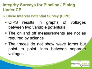 Integrity Surveys for Pipeline / Piping
Under CP
 Close Interval Potential Survey (CIPS)
 CIPS results in graphs of voltages
between two variable potentials
 The on and off measurements are not as
required by science
 The traces do not show wave forms but
point to point lines between separate
voltages
 
