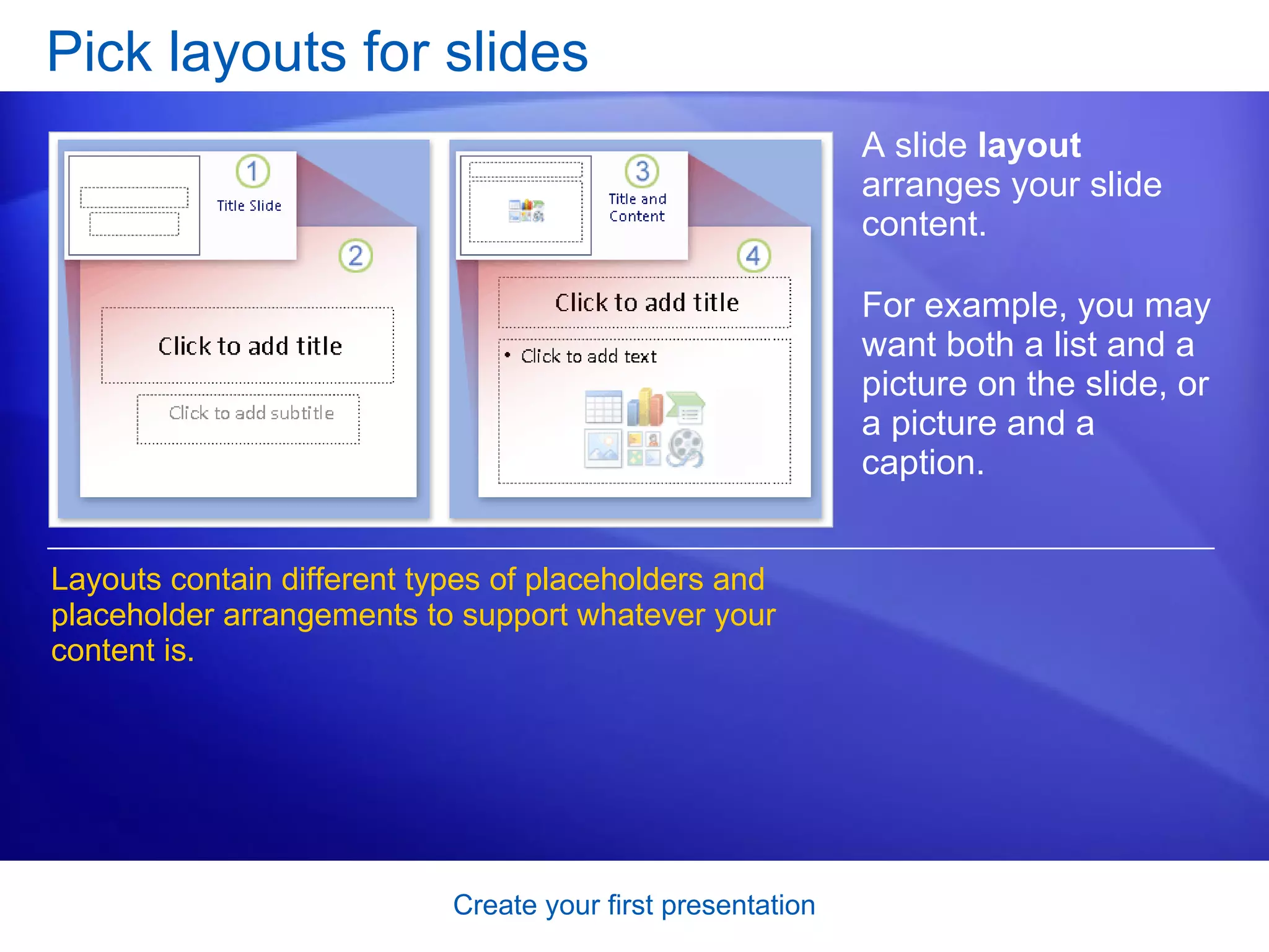 Pick layouts for slides A slide  layout  arranges your slide content.  For example, you may want both a list and a picture on the slide, or a picture and a caption.  Layouts contain different types of placeholders and placeholder arrangements to support whatever your content is.  