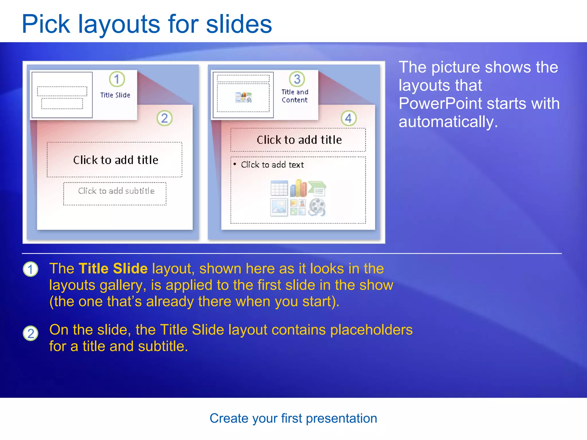 Pick layouts for slides The picture shows the layouts that PowerPoint starts with automatically.  The  Title Slide  layout, shown here as it looks in the layouts gallery, is applied to the first slide in the show (the one that’s already there when you start). On the slide, the Title Slide layout contains placeholders for a title and subtitle. 
