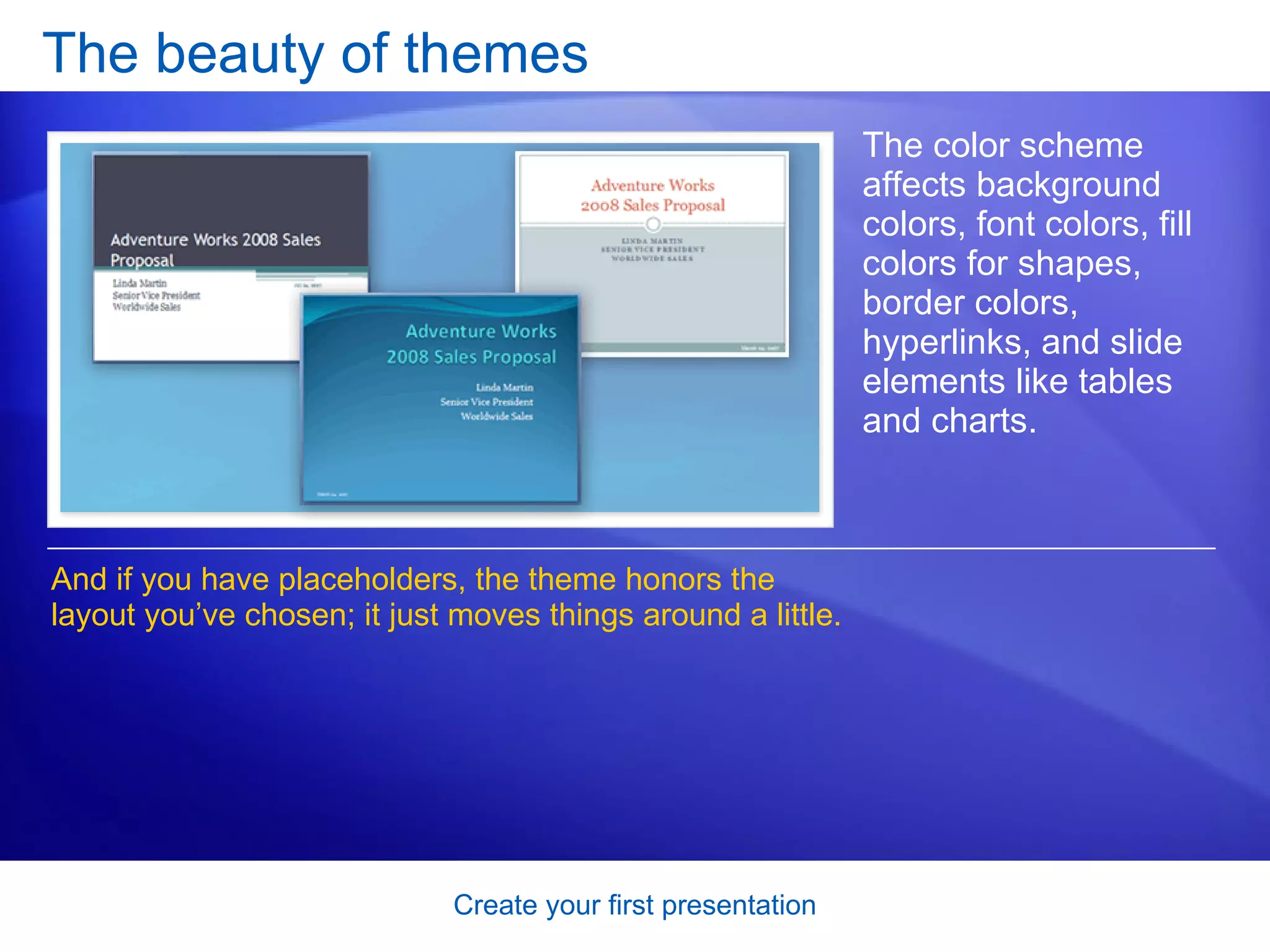 The beauty of themes The color scheme affects background colors, font colors, fill colors for shapes, border colors, hyperlinks, and slide elements like tables and charts. And if you have placeholders, the theme honors the layout you’ve chosen; it just moves things around a little.  