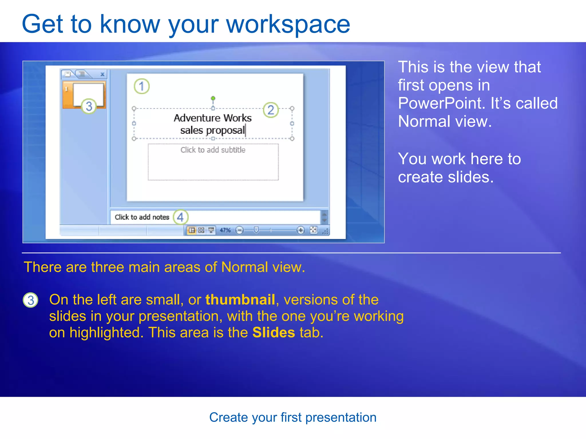Get to know your workspace This is the view that first opens in PowerPoint. It’s called Normal view. You work here to create slides.  On the left are small, or  thumbnail , versions of the slides in your presentation, with the one you’re working on highlighted. This area is the  Slides  tab.  There are three main areas of Normal view.  