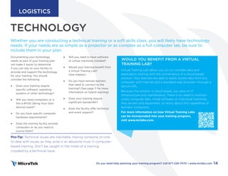 TECHNOLOGY
Whether you are conducting a technical training or a soft skills class, you will likely have technology
needs. If your needs are as simple as a projector or as complex as a full computer lab, be sure to
include them in your plan.
Documenting your technology
needs as part of your training plan
will make it easier to determine
if you can rely on your facility to
provide and support the technology
for your training. You should
consider the following:
• Does your training require
specific software, operating
systems or other technology?
• Will you need computers or is
this a BYOD (Bring Your Own
Device) event?
• Do you have specific computer
hardware requirements?
• Does the training facility provide
computers or do you need to
source them?
PART TWO
• Will you need to have software
or virtual machines installed?
• Would your training benefit from
a Virtual Training Lab?
(See sidebar)
• Do you have remote learners
that need to connect to the
training? (See page 11 for more
information on hybrid learning)
• Does your training require
significant bandwidth?
• Does the facility offer technical
and event support?
Pro-Tip: Technical issues are inevitable. Having someone on-site
to deal with issues as they arise is an absolute must in computer-
based training. Don’t be caught in the midst of a training
crippled by a technical issue.
Virtual Training Lab allows you to run complex labs and
application training with the convenience of a cloud-based
solution. Your learners are able to easily access labs from any
computer with internet and a standard web browser—through a
secure URL.
Because the solution is cloud based, you save on IT
infrastructure and maintenance. There is no need to maintain
costly computer labs, install software on individual machines,
ship servers and equipment, or worry about the capabilities of
learners’ computers.
For more information on how Virtual Training Labs
can be incorporated into your training program,
visit www.mclabs.com.
WOULD YOU BENEFIT FROM A VIRTUAL
TRAINING LAB?
14
Do you need help planning your training program? Call 877-226-7070 • www.mclabs.com
LOGISTICS
 