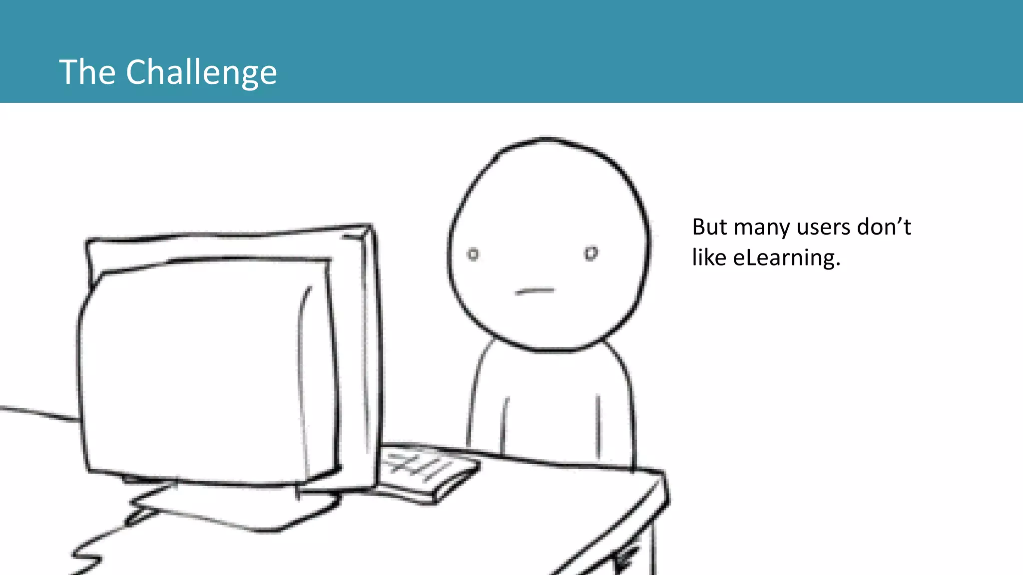 The Challenge
But many users don’t
like eLearning.
 