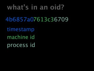 what’s in an oid?
4b6857a07613c36709
timestamp
machine id
process id
 