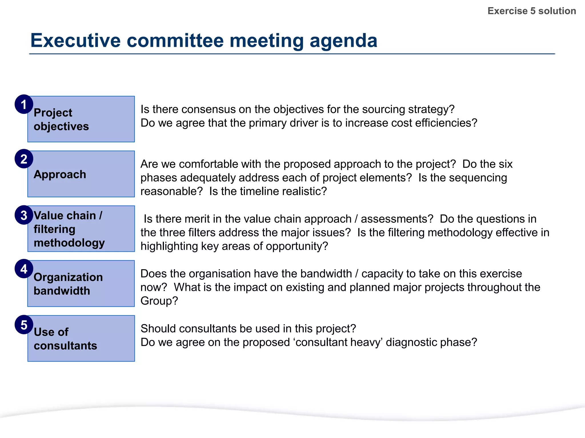 Executive committee meeting agenda
Project
objectives
Is there consensus on the objectives for the sourcing strategy?
Do we agree that the primary driver is to increase cost efficiencies?
Approach
Are we comfortable with the proposed approach to the project? Do the six
phases adequately address each of project elements? Is the sequencing
reasonable? Is the timeline realistic?
Value chain /
filtering
methodology
Is there merit in the value chain approach / assessments? Do the questions in
the three filters address the major issues? Is the filtering methodology effective in
highlighting key areas of opportunity?
Organization
bandwidth
Does the organisation have the bandwidth / capacity to take on this exercise
now? What is the impact on existing and planned major projects throughout the
Group?
Use of
consultants
Should consultants be used in this project?
Do we agree on the proposed ‘consultant heavy’ diagnostic phase?
1
2
3
4
5
Exercise 5 solution
 