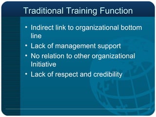 Traditional Training Function Indirect link to organizational bottom line Lack of management support No relation to other organizational Initiative Lack of respect and credibility 