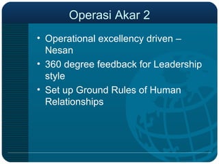 Operasi Akar 2 Operational excellency driven – Nesan  360 degree feedback for Leadership style Set up Ground Rules of Human Relationships 