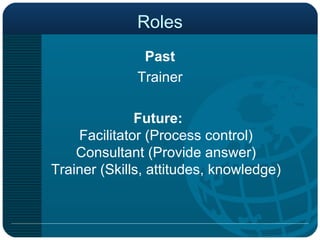 Roles Past Trainer Future:   Facilitator (Process control) Consultant (Provide answer) Trainer (Skills, attitudes, knowledge) 