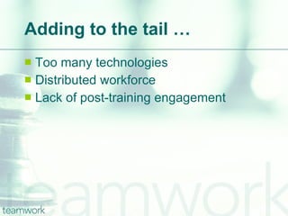 Adding to the tail … Too many technologies Distributed workforce Lack of post-training engagement 
