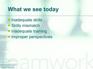 What we see today Inadequate skills Skills mismatch Inadequate training Improper perspectives 