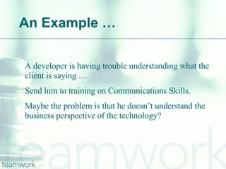 An Example … A developer is having trouble understanding what the client is saying … Send him to training on Communications Skills. Maybe the problem is that he doesn’t understand the business perspective of the technology? 