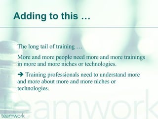 Adding to this … The long tail of training … More and more people need more and more trainings in more and more niches or technologies.    Training professionals need to understand more and more about more and more niches or technologies. 