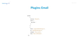 T R A I N I N G
Plugins: Email
email(
{
service: 'Mandrill',
auth: {
api_key: ''
}
},
{
from: 'support@thethings.io',
to: 'hello@thethings.io',
subject: 'New action',
text: 'New notification'
});
 